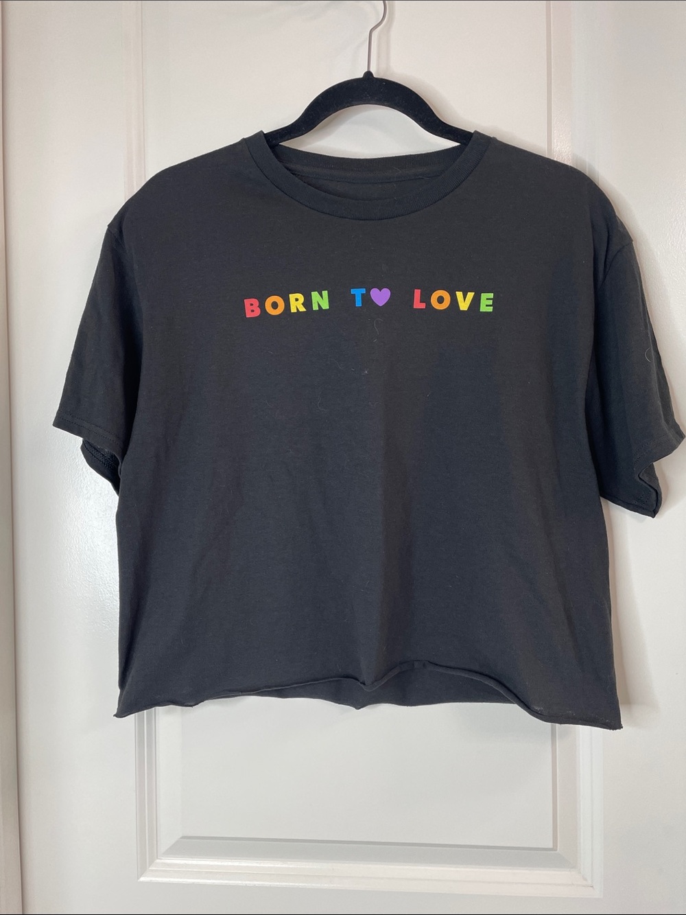 The Phluid Project Black Crop Tee with Rainbow "Born to Love"